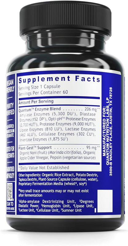 Quantum Nutrition Labs Quantum Digest - Digestive Health Enzymes for Women and Men, Digestion Support for Gut Health, Fully Active Vegan Enzyme Pills - 60 Vegetarian Capsules
