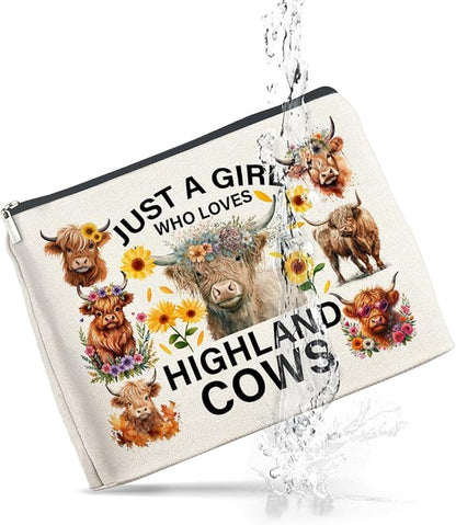Highland Cows Gifts Makeup Bag Cow Lover Gifts for Women Girls Just a Girl Who Loves Highland Cows Zipper Makeup Pouch