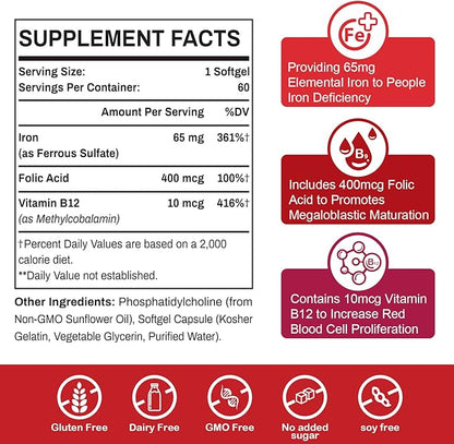 Liposomal Fe Iron Supplement for Women,65 mg Iron Supplements with Folic Acid & Vitamin B12 for Men,Red Blood Cell Production,Energy Support for Adults Iron Deficiency 60 Softgels(2 Bottle)