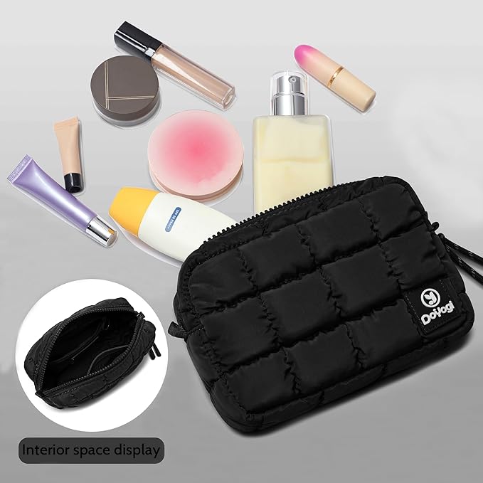 Quilted Cosmetic Bag, Puffer Makeup Bags, Crossbody Purses for women,Cute Travel Toiletry Bag for Women (Black)