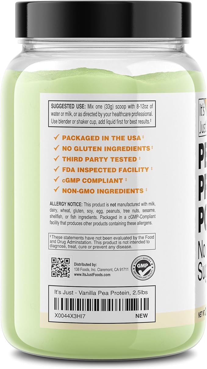 It's Just! Pea Protein Isolate, Plant Based, Premium Quality, Gluten Free, Vegan, Keto Friendly, Product of Canada, Packaged in USA (2.5 Pound, Vanilla)