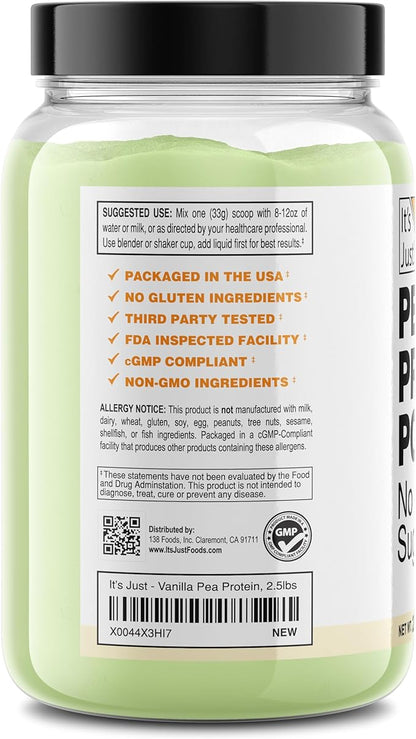 It's Just! Pea Protein Isolate, Plant Based, Premium Quality, Gluten Free, Vegan, Keto Friendly, Product of Canada, Packaged in USA (2.5 Pound, Vanilla)