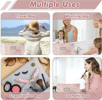 Flower Makeup Bag Travel Large Floral Cosmetic Bags for Women Cute Makeup Pouch Zipper Cosmetic Pouch for Purse Embossed Pink Aesthetic Make up Organizer Bag Portable Toiletry Bag