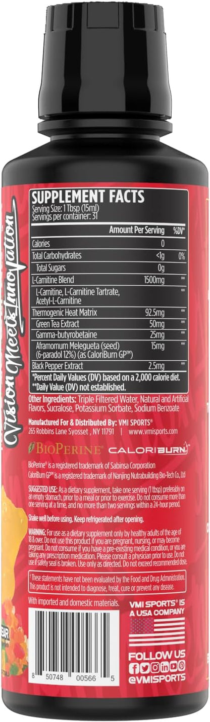 VMI Sports L-Carnitine 1500 Heat Stimulant Free Thermogenic Metabolic Support & Fat Loss for Men & Women | 1500mg L-Carnitine | Convenient Liquid (Gummy Bear)