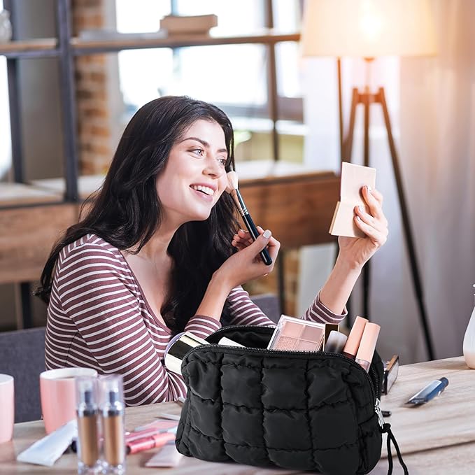 Hillban Puffy Quilted Makeup Bag Quilted Cosmetic Bag Cute Puffer Toiletry Checkered Pouch Aesthetic Travel Makeup Brushes Organizer(Black,Checkered)