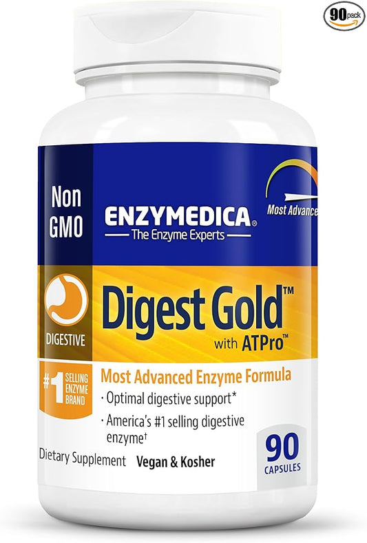 Enzymedica Digest Gold + ATPro Maximum Strength Digestive Enzymes | Prevents Bloating Gas & Indigestion, Natural Digestion Support, Multi Enzyme Amylase, Protease, Lipase & Lactase, 90 Capsules