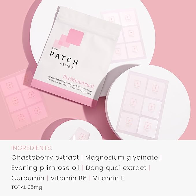 The Patch Remedy PreMenstrual Patch for Women - 30 Topical PMS Period Cycle Patches Containing Chasteberry Extract, Magnesium, Evening Primrose Oil, Dong Quai Extract, Curcumin, Vitamin B6 & E