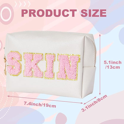 Preppy Patch Skincare Bags Travel Makeup Bag Varsity Letter Cosmetic Toiletry Cute Bag for Teen Girls PU Leather Portable Zipper Pouch Storage Purse Waterproof Organizer (Shell Gold)