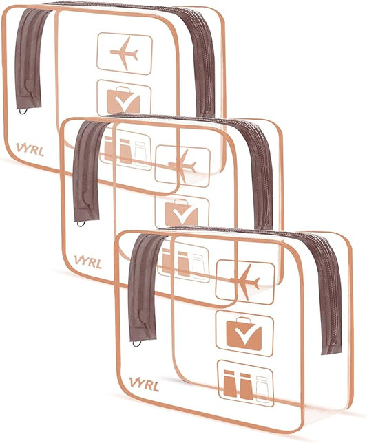 VYRL 3 Pack Clear Makeup Bag - Quart Size 3-1-1 TSA Approved Toiletry Bag with Zipper - Water-Resistant Durable PVC Clear Toiletry Bag for Carry-on Airport Travel Accessories - Rose Gold