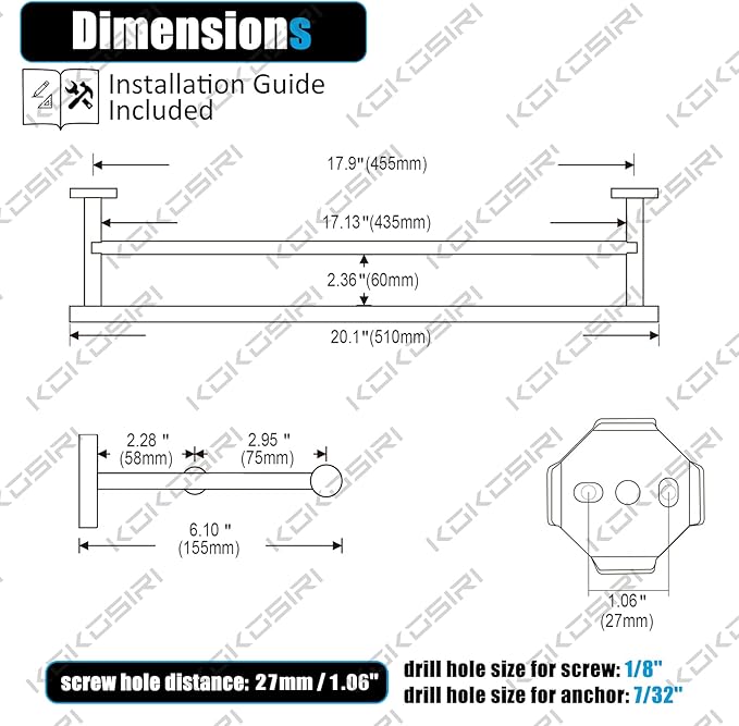 KOKOSIRI Towel Rails Bathroom Double Towel Bars Matte 20 Inch B5005BK-L20