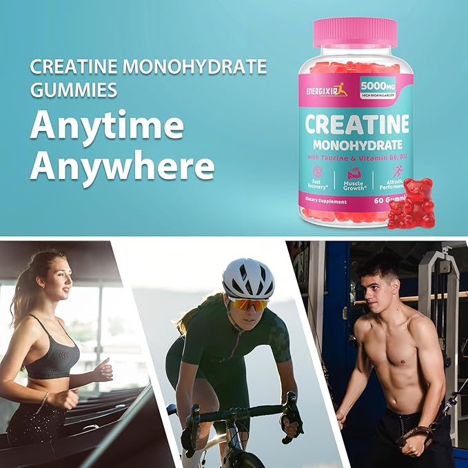 Creatine Monohydrate Gummies, Creatine for Women, Creatine Pre Workout Chewables Supplement 5000mg with Taurine & B6 - for Muscle, Recovery, Strength, Energy & Endurance and Performance - 60 Count