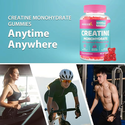 Creatine Monohydrate Gummies, Creatine for Women, Creatine Pre Workout Chewables Supplement 5000mg with Taurine & B6 - for Muscle, Recovery, Strength, Energy & Endurance and Performance - 60 Count