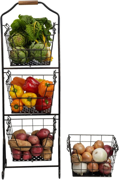 Gourmet Basics by Mikasa Ferme 4-Tier Metal Floor Standing Fruit/Home Storage Market Basket, Antique Black