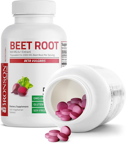 Bronson Beet Root Extra Strength (Equivalent to 2000mg Beet Root per Serving from 500mg 4:1 Extract), Non-GMO, 500 Vegetarian Tablets