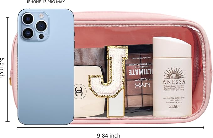Initial Clear Makeup Bag Make Up Bag Travel Toiletry Bag Preppy Cosmetic Bags Organizer Travel Essentials Pink Gifts for Women Teen Girlfriend Teacher Mom Brithday Gifts Clear Toiletry Bag (Pink, J)