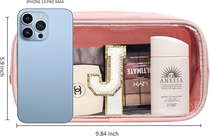 Initial Clear Makeup Bag Make Up Bag Travel Toiletry Bag Preppy Cosmetic Bags Organizer Travel Essentials Pink Gifts for Women Teen Girlfriend Teacher Mom Brithday Gifts Clear Toiletry Bag (Pink, J)