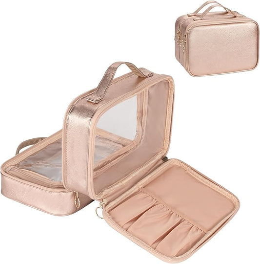 OCHEAL Makeup Bag, Double Layer Cosmetic Bag, Large Capacity New Look Clear Cosmetic Case for Women Travel Beauty Essentials, Multiple Compartments Makeup Case Organizer Zipper Pouch -Rose Glod