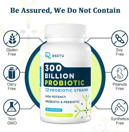Probiotics for Women Men: 300 Billion CFU Probiotic High Potency + 12 Strains Organic Probiotics with Prebiotics, Daily Probiotic Supplement for Digestive, Gut, Immune and Bloating Health, 60 Capsules