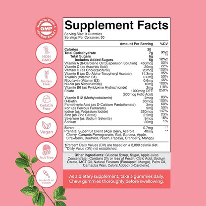 Vegan Prenatal Gummies for Women - Gummy Prenatal Vitamins for Women with Iron Folic Acid and Superfruit Blend - Chewable Prenatal Vitamins for Women Gummy Formula (Pineapple Mango) - 1 Month