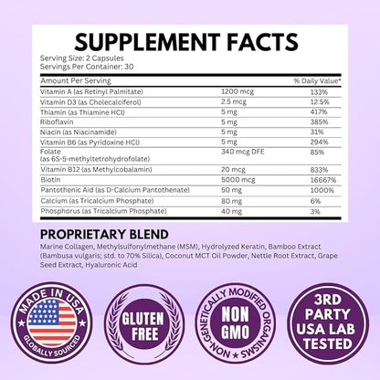 Biotin with Hyaluronic Acid, Collagen and Keratin – 25000 mcg Hair Growth Vitamins for Men and Women – Nails and Skin, USA Made - Third Party Tested, B1, B2, B3, B6, B7 Complex - 60 Capsules