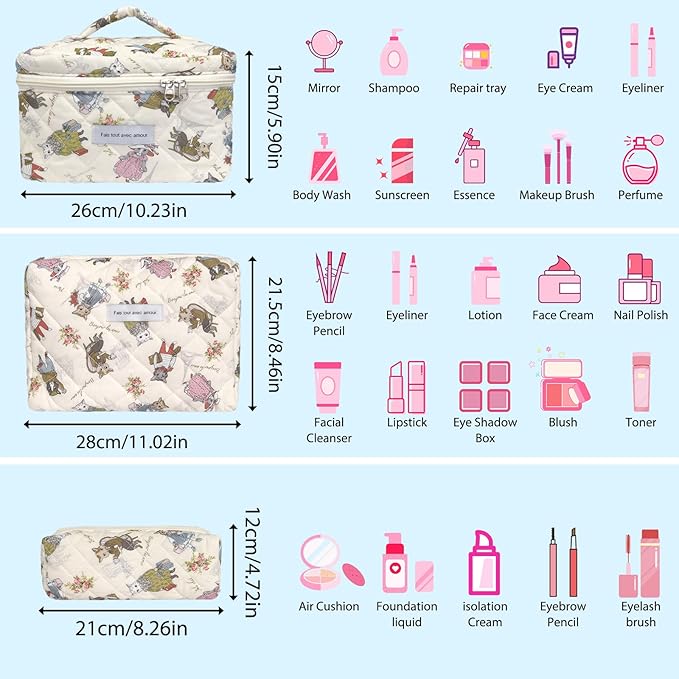 Quilted Makeup Bag, Large Capacity Travel Cosmetic Bag for Women and Girls, Aesthetic Storage for Daily and Travel Use (3pcs-CatAnimalPrint)