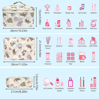 Quilted Makeup Bag, Large Capacity Travel Cosmetic Bag for Women and Girls, Aesthetic Storage for Daily and Travel Use (3pcs-CatAnimalPrint)