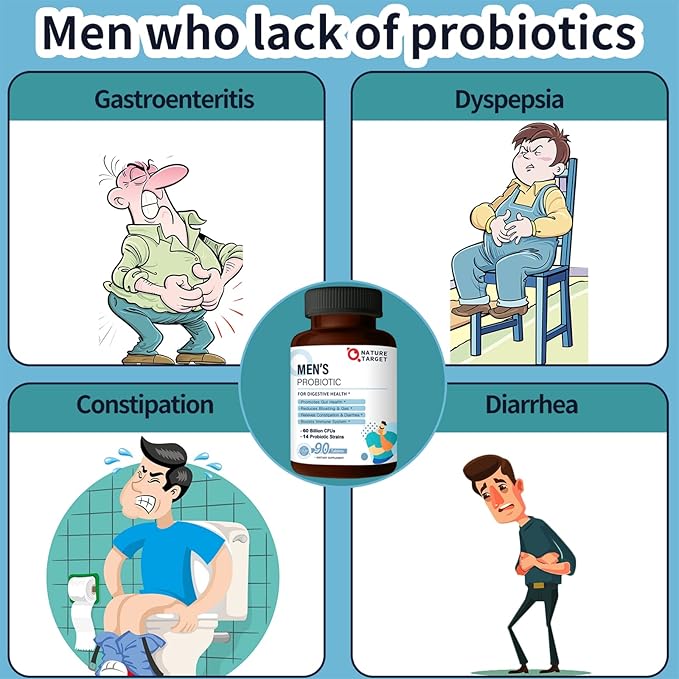 NATURE TARGET Probiotics for Men with Men Care Supplement, Prebiotics & Probiotic for Men's Digestive and Immune Health,60 Billion CFUs & 14 Strains Shelf Stable, Gluten & Soy Free (90 Tablets)