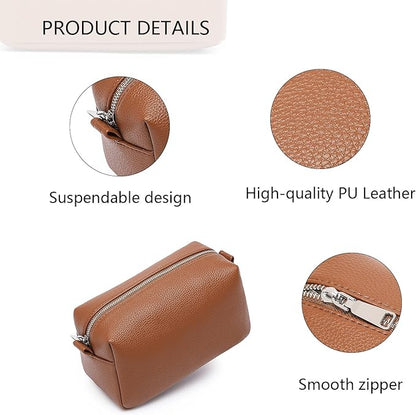 PU leather Organizer Bag Lightweight Cosmetic Bag with Ring Clasp Perfect Travel Makeup Bag for Women (Saddle Brown/PU)