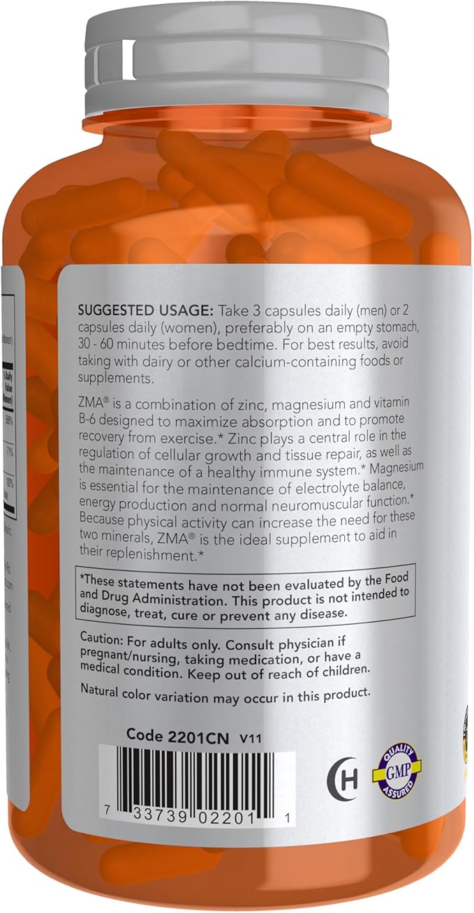 NOW Foods Sports Nutrition, ZMA (Zinc, Magnesium and Vitamin B-6), Enhanced Absorption, Sports Recovery*, 180 Capsules
