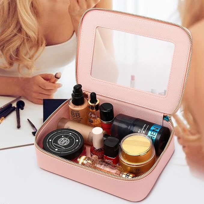 Clear Makeup Bag Transparent Travel Case for Cosmetics and Toiletries Women's Brush Bag and Clear Car Bag with Zipper (Pink, M+)