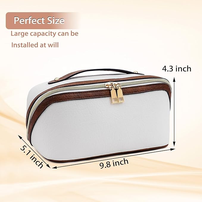 Stylish Makeup Bag Organizer Travel Case for Women Cosmetic Bag for Toiletries and Makeup Waterproof Leather Cosmetic Bag Perfect Fit Home or on the Go (B-White/Brown)