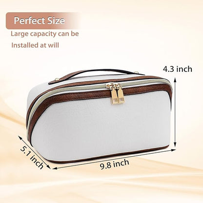 Stylish Makeup Bag Organizer Travel Case for Women Cosmetic Bag for Toiletries and Makeup Waterproof Leather Cosmetic Bag Perfect Fit Home or on the Go (B-White/Brown)