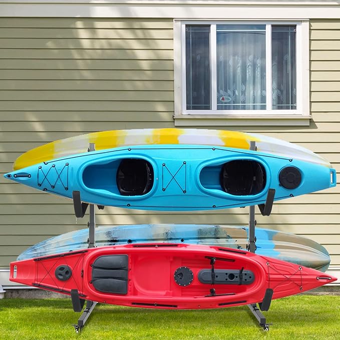Bonnlo Kayak Stand Freestanding Storage Rack for Kayak Canoe Boat Paddle Board SUP Surfboard for Indoor Outdoor Garage, Shed, Dock with Lockable Wheels Wide Adjustable