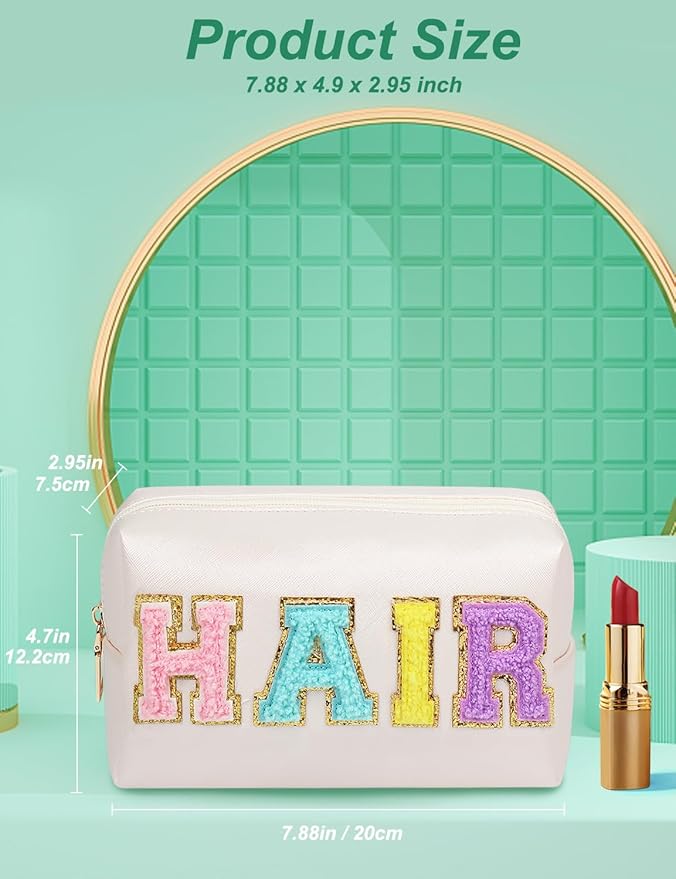 Preppy Makeup Bag, Synthetic Leather Patch Cosmetic Bag with HAIR Chenille Letter for Hair Care, Gift for Girlfriend or Wife, Present for Girls, Daughter and Mum(Cream)