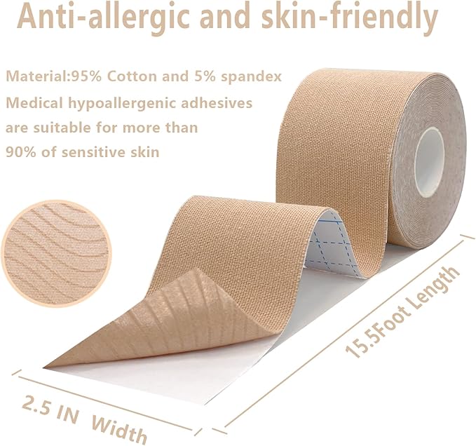 Kinesiology Tape Pro 5 Rolls, 2 Inch High Elasticity Sports Tape Therapeutic Pain Relief–Physio Tape for Muscle Recovery & Joint Support, Waterproof & Hypoallergenic & Breathable–Beige