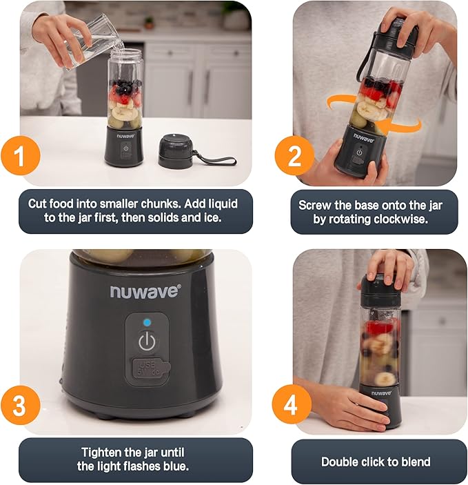 Nuwave Portable Blender for Shakes and Smoothies, On-the-GO Personal Blender with USB-C Rechargeable, 6-Piece-Blade for Crushing Ice, BPA Free 18 Oz Tritan Jar for Travel, Office and Sports