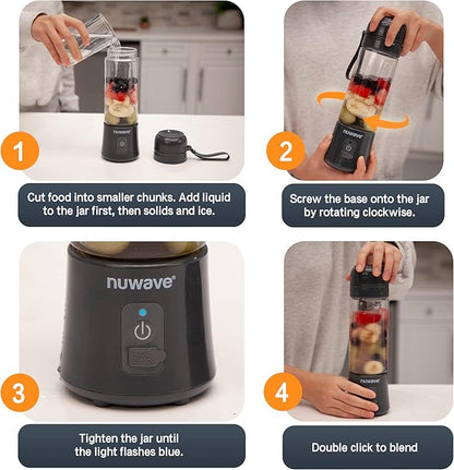 Nuwave Portable Blender for Shakes and Smoothies, On-the-GO Personal Blender with USB-C Rechargeable, 6-Piece-Blade for Crushing Ice, BPA Free 18 Oz Tritan Jar for Travel, Office and Sports