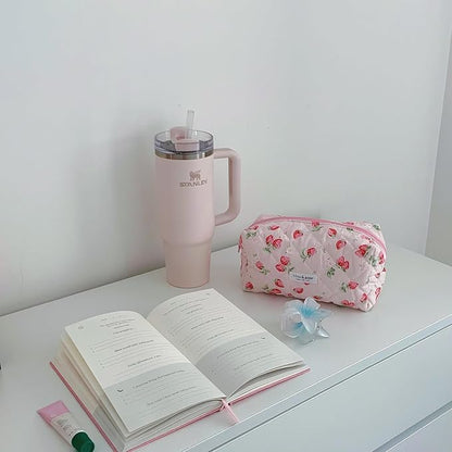 Cotton Quilted Makeup Bag, Cute Aesthetic Strawberry Pencil Case Pouch Toiletry Bag Cosmetic Bag Brush Organize for Girls Women,Strawberry me Up