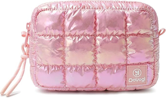 Quilted Cosmetic Bag, Puffer Makeup Bags, Crossbody Purses for women,Cute Travel Toiletry Bag for Women (Dazzling Light Pink)