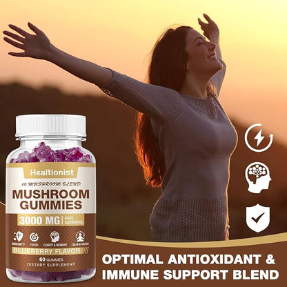3000MG Mushroom Complex Gummies 10 Blend - Lion's Mane Gummies for Adults, Cordyceps, Shiitake, Reishi, Chaga, - Brain, Immune Support & Stress Relief, Energy, Mushroom Supplement for Men & Women 60ct