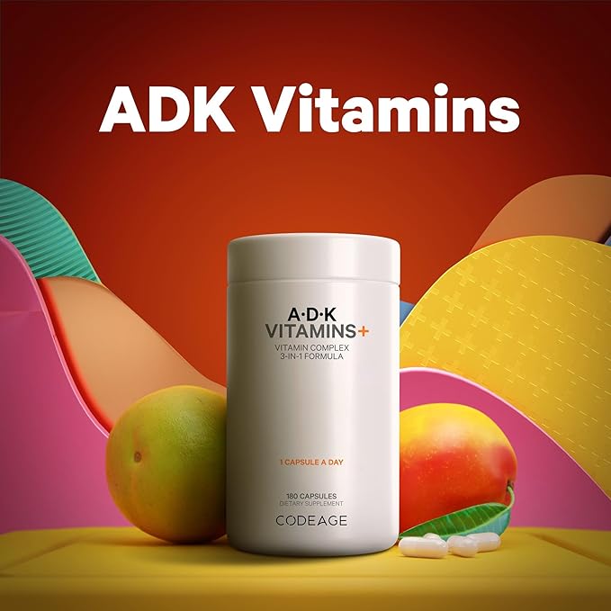 Codeage ADK Vitamis Supplement - Essential Vitamin A, Vitamin D3 5000 IU, Vitamin K1 & K2 (MK4 & MK7) - 6-Month Supply - A D K Vitamins, 1 Capsule per Serving, Non-GMO, Gluten-Free - 180 Capsules