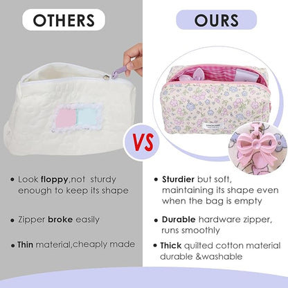 Coquette Makeup Bag Cosmetic Bag for Women, Handmade Cotton Quilted Pouches Reusable Travel Toiletry Bag Organizer Brushes, Beige Flowers