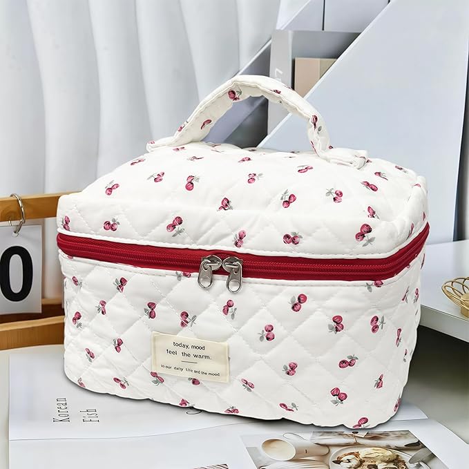 Cute Pink Cherry Quilted Makeup Bag, Large Capacity Travel Cosmetic Bag for Women and Girls, Aesthetic Storage for Daily and Travel Use,or for travel toiletry bag