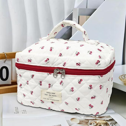 Cute Pink Cherry Quilted Makeup Bag, Large Capacity Travel Cosmetic Bag for Women and Girls, Aesthetic Storage for Daily and Travel Use,or for travel toiletry bag