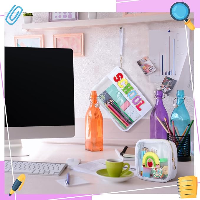 Hillban 2 Pcs Welcome Back to School Gift Bags Pencil Pouch Clear Case Chenille Letter Makeup Cosmetic Bags Toiletry Travel Purse First Day of School Waterproof PVC Organizer Storage for Women