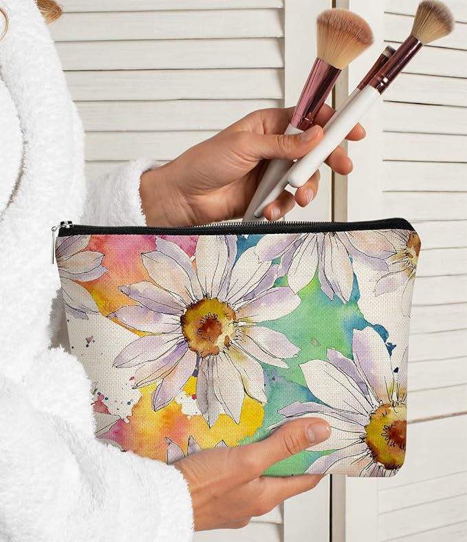 White Daisy Flowers Makeup Bag,Watercolor Botanical Flower Cosmetic Bag Best Gift Idea for Teen Girls Women,Birthday Christmas Gifts for Girls Women Daughter Sister