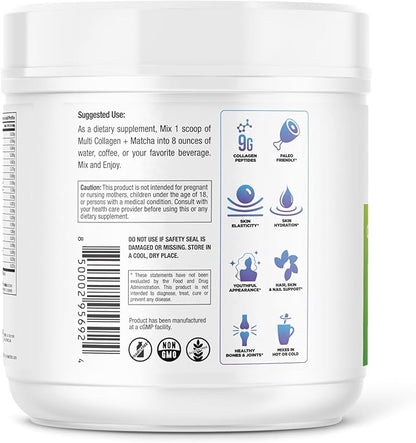 Collagen Peptides Powder - Matcha Green Tea Collagen Powder for Women - Collagen Supplements for Hair, Skin & Nails with Hyaluronic Acid - 9g Protein per Serving
