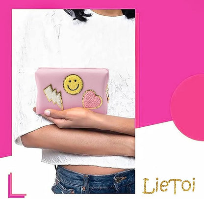 LieToi Preppy Patch Small Toiletry Bag Smile Lightning Heart PU Leather Portable Waterproof Makeup Cosmetic Bag Daily Use Storage Purse Travel Organizer Compliant Bag for Women Girls Gift (Pink)