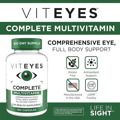 Viteyes Complete Eye & Total Body Health Multivitamin Nutritional Supplement, 180 Capsules, White