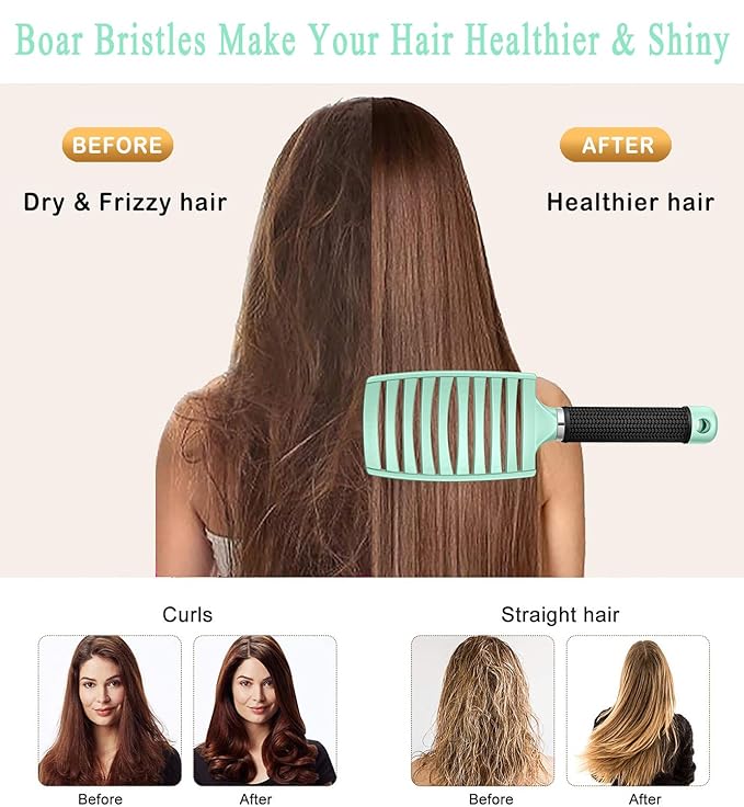KTKUDY Detangling Brush Boar Bristles Hair Brush Make Hair Shiny & Healthier Curved and Vented Detangler Brush for Women Men Kids Wet and Dry Hair (Turquoise)